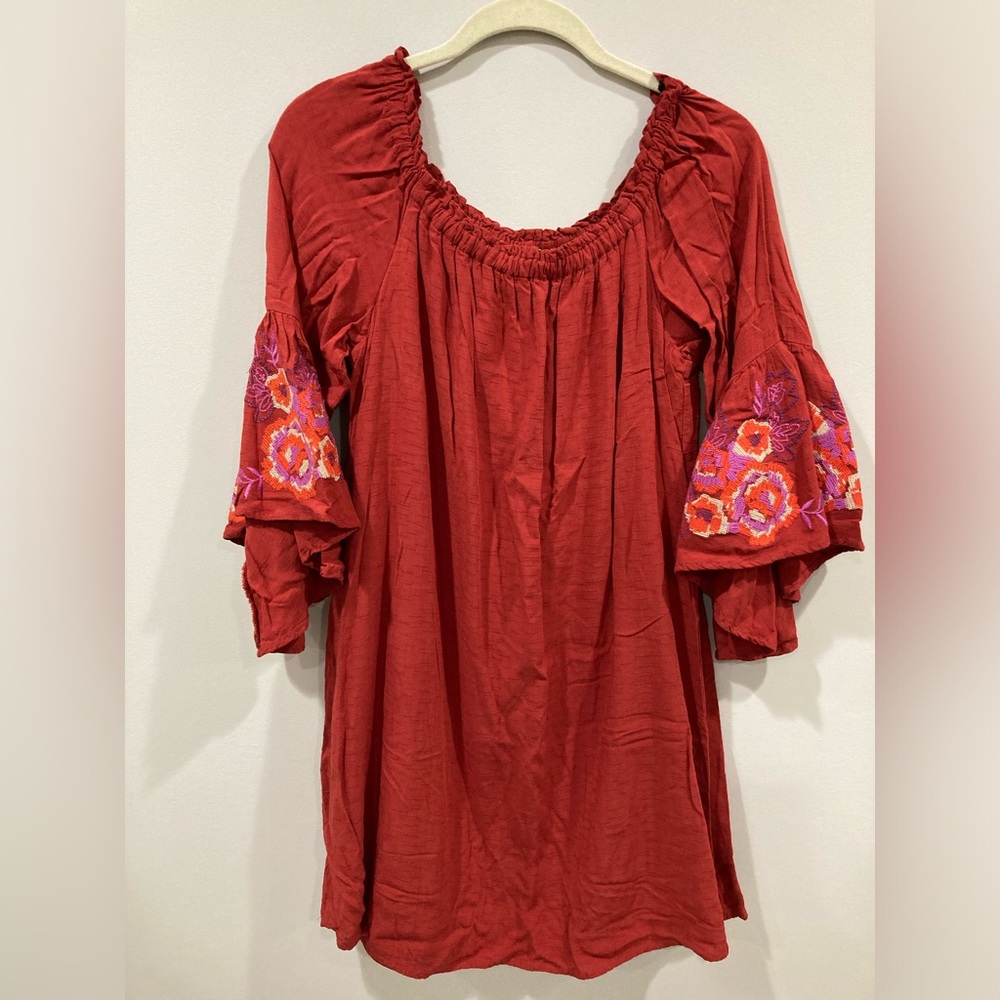 Lux II Flowy Dress Embroidered Bell Sleeves Off the Shoulder Orange Red Size 6